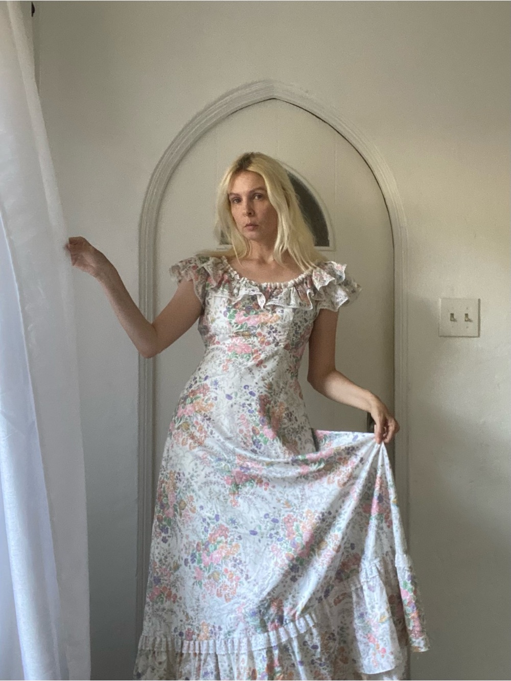 Vintage 70s Handmade Floral Cotton Ruffled Lace Maxi Dress X/S